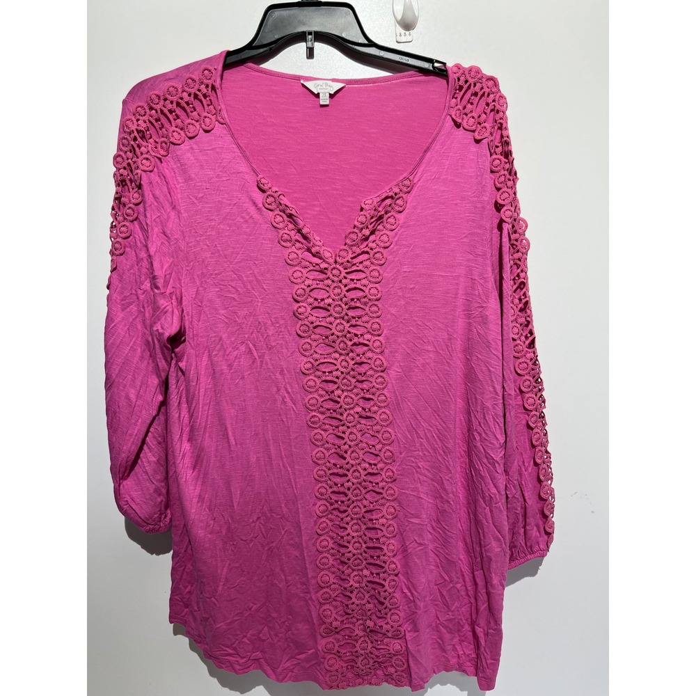 Coral Bay Woman Fuchsiaโ Pink Crochet Lace V-Neck 3/4 Sleeve Blouse Top 2X